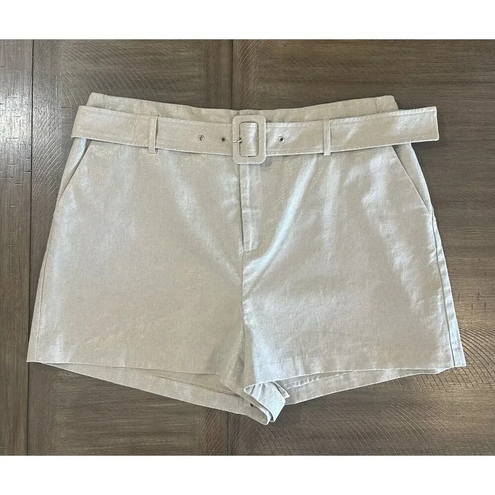 NINE WEST Beige Khaki Shimmer Linen Blend Belted Classic Shorts Women’s Size XL